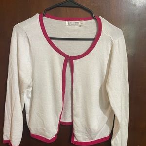7 avenue single hook white cardigan pink trim cropped 3/4 sleeve size small